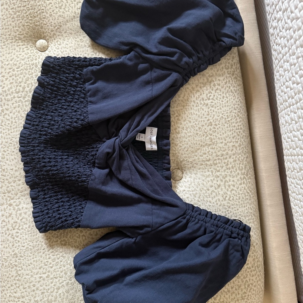 Lost + Wander Navy Blue Smocked Cropped Top with Puff Sleeve